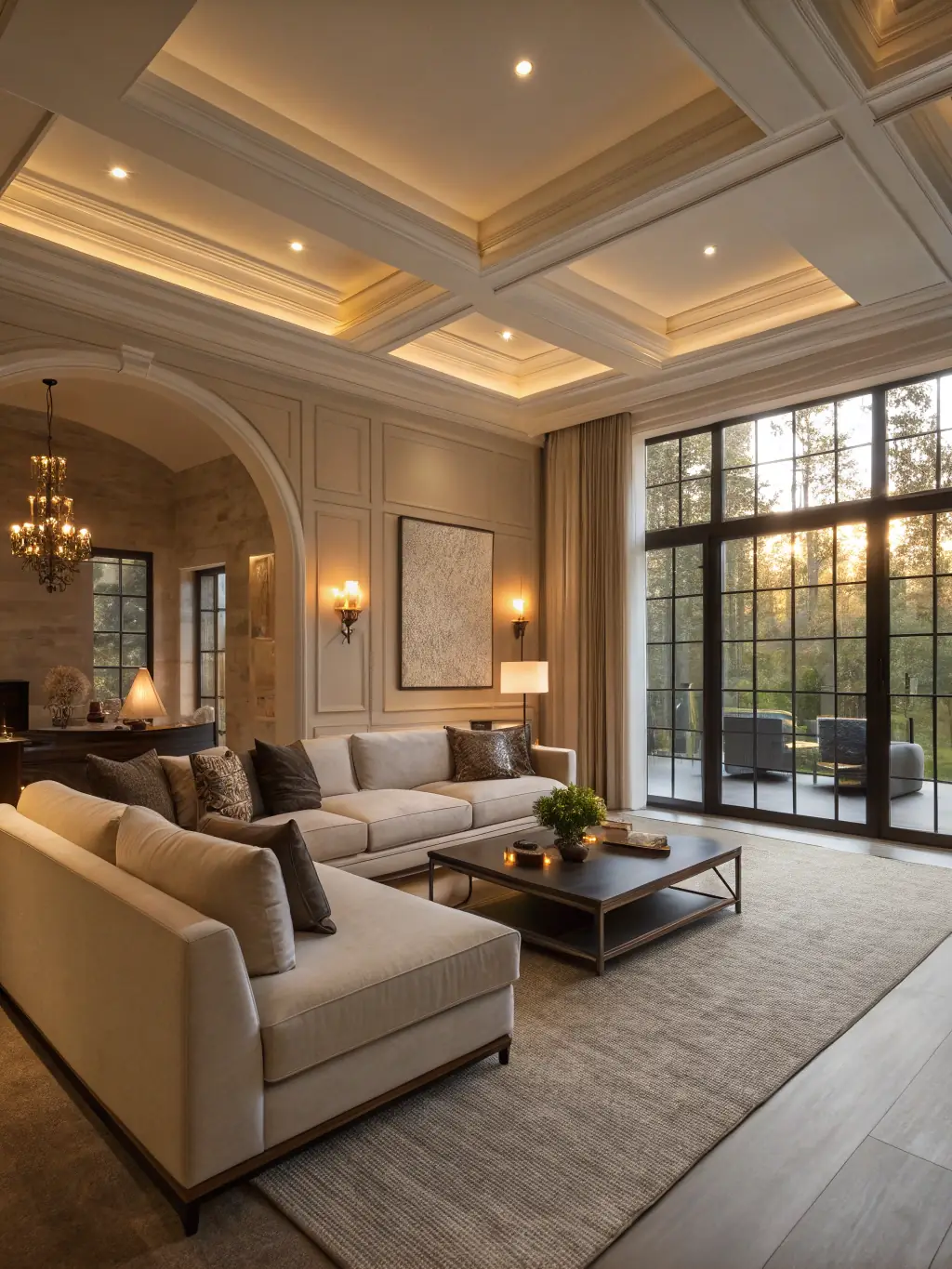 A beautifully finished hardwood floor in a modern living room, showcasing craftsmanship and style.