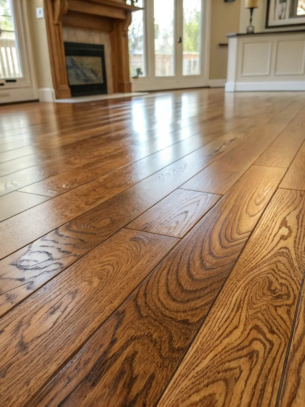 Close-up of a polished hardwood floor showing a smooth, restored surface.